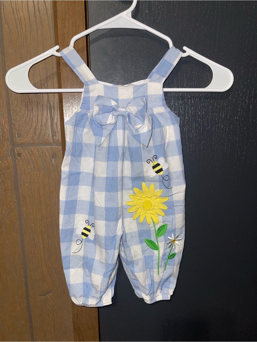 Carter's Light Blue and White Gingham Bow Sunflower Bee Romper